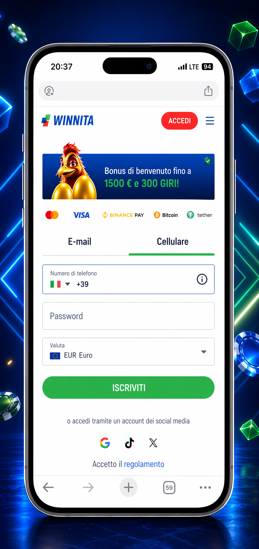 Flusso di accesso mobile Winnita mostrato su smartphone