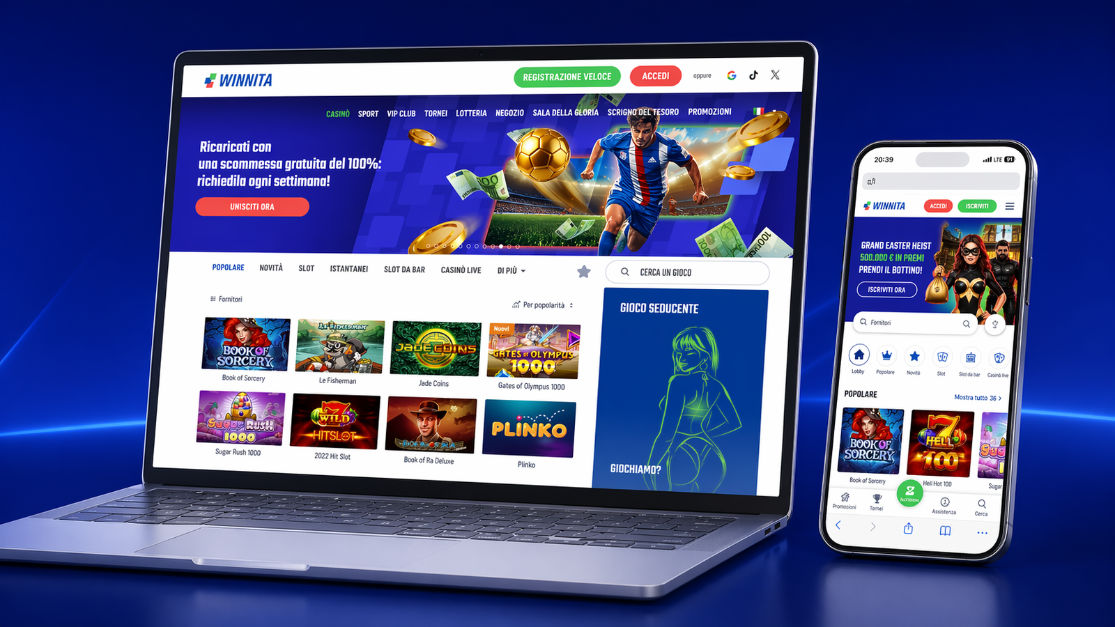 Interfaccia reale di Winnita su desktop e mobile con lobby giochi e banner promozionale