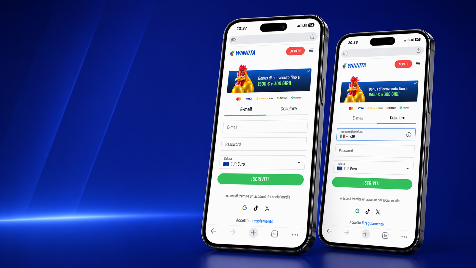 Schermata reale di registrazione Winnita con form di accesso e call to action