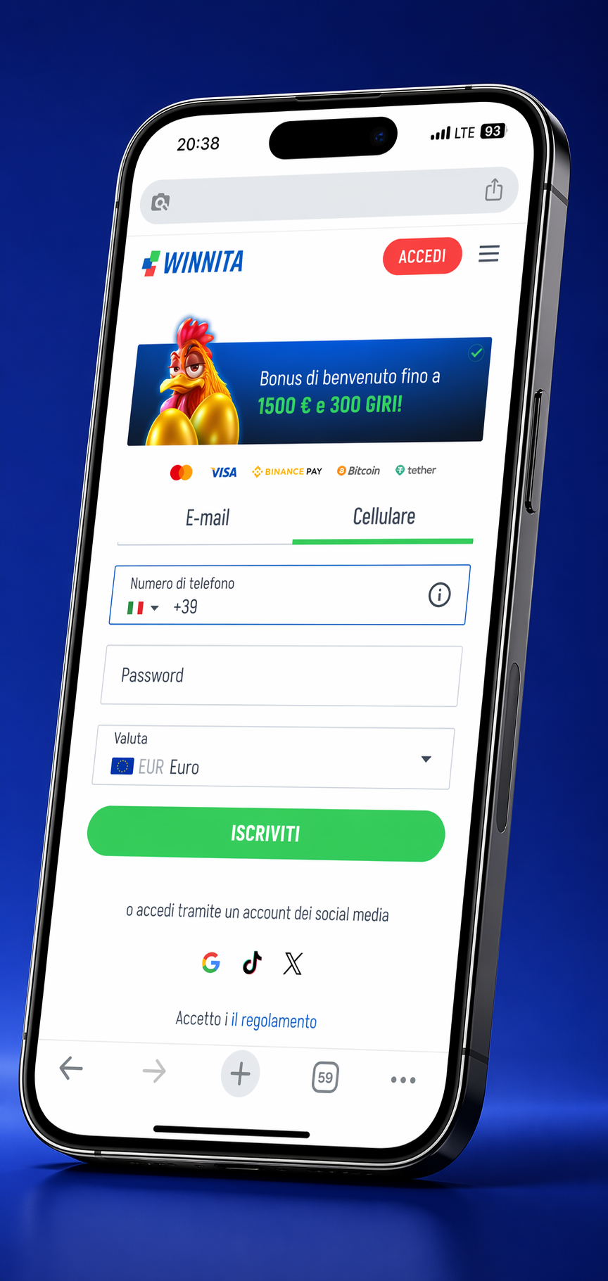 Verifica account Winnita mostrata su smartphone in formato verticale