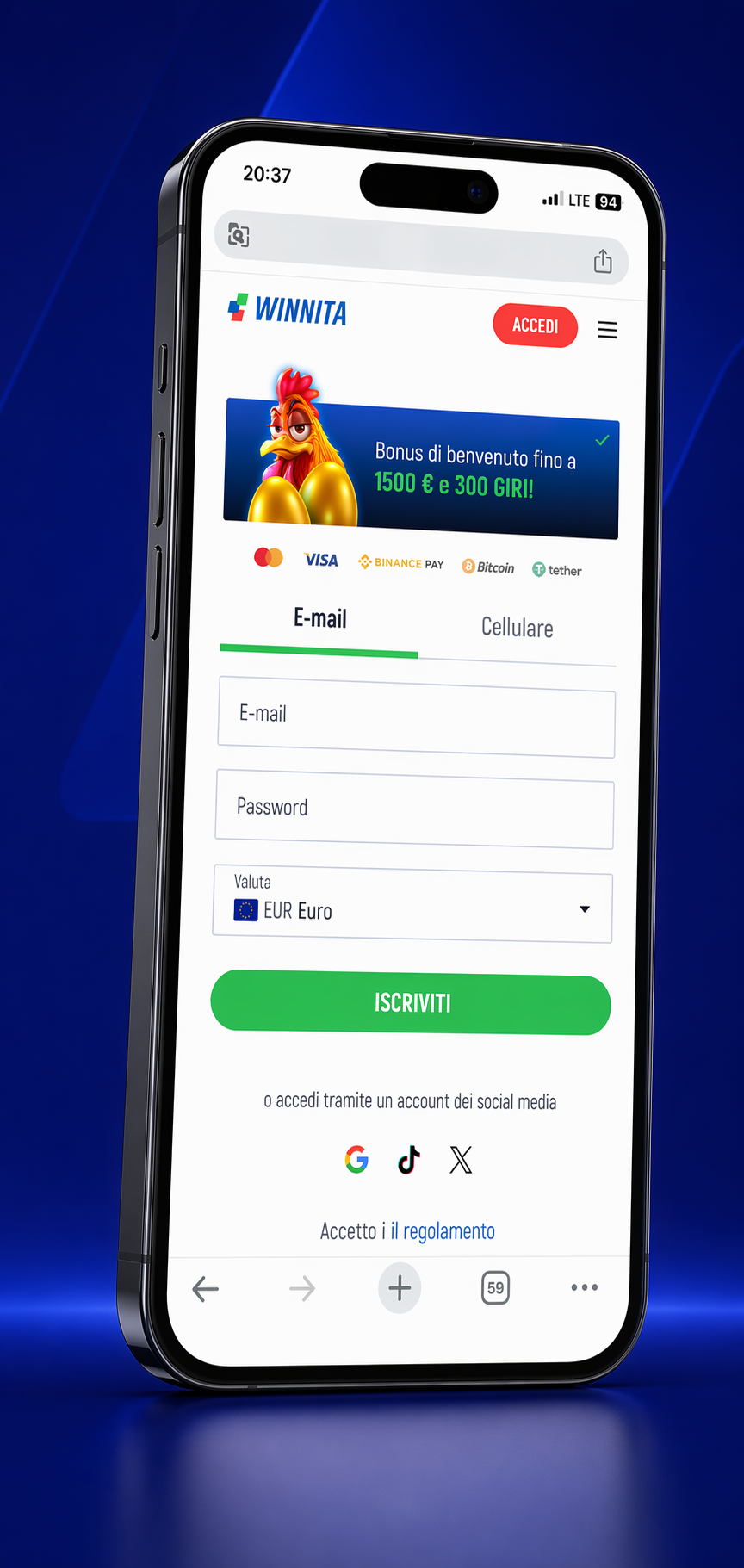 Messaggi di verifica Winnita visibili in formato mobile verticale