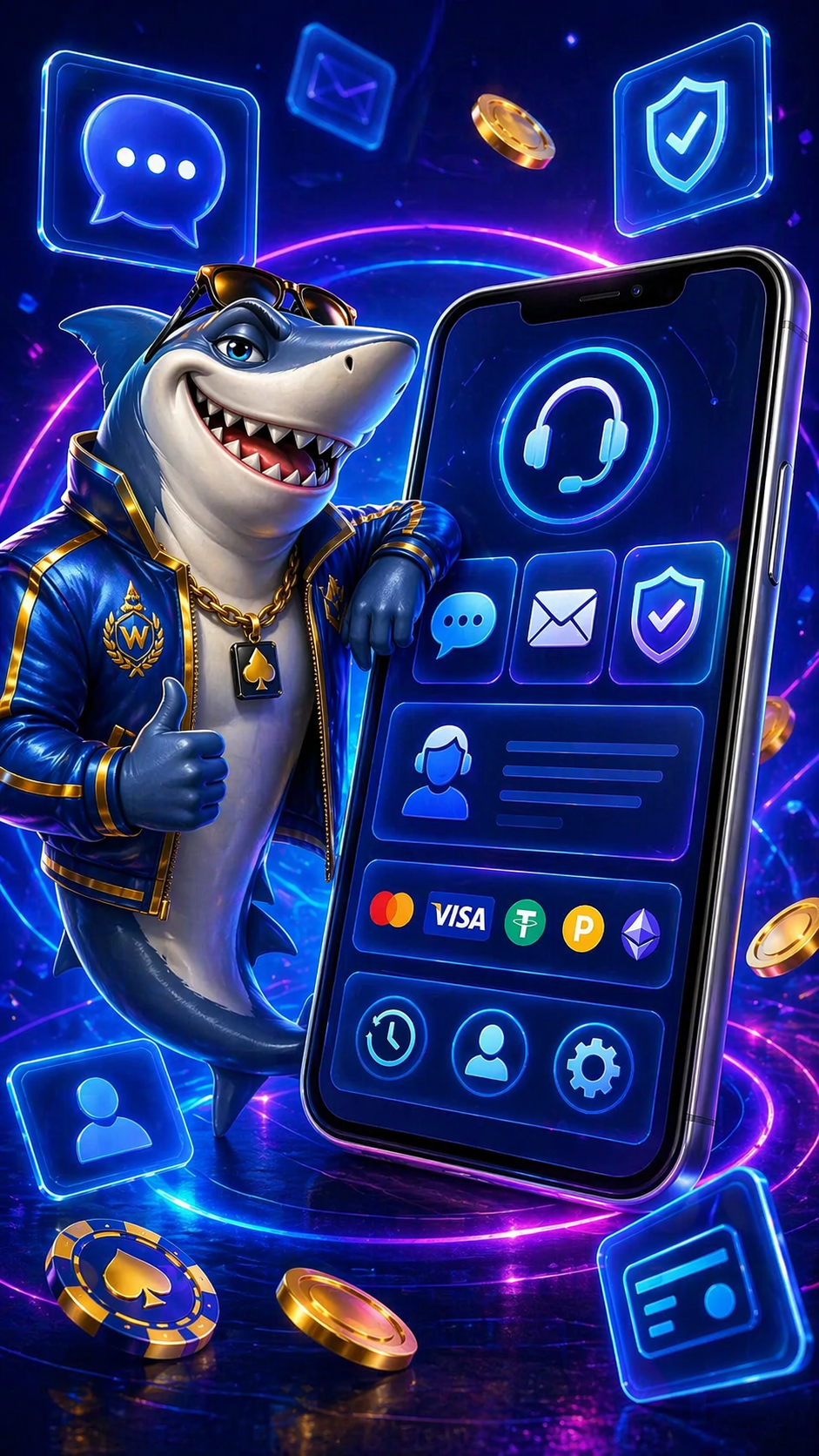 Supporto Winnita con shark, smartphone e icone di assistenza