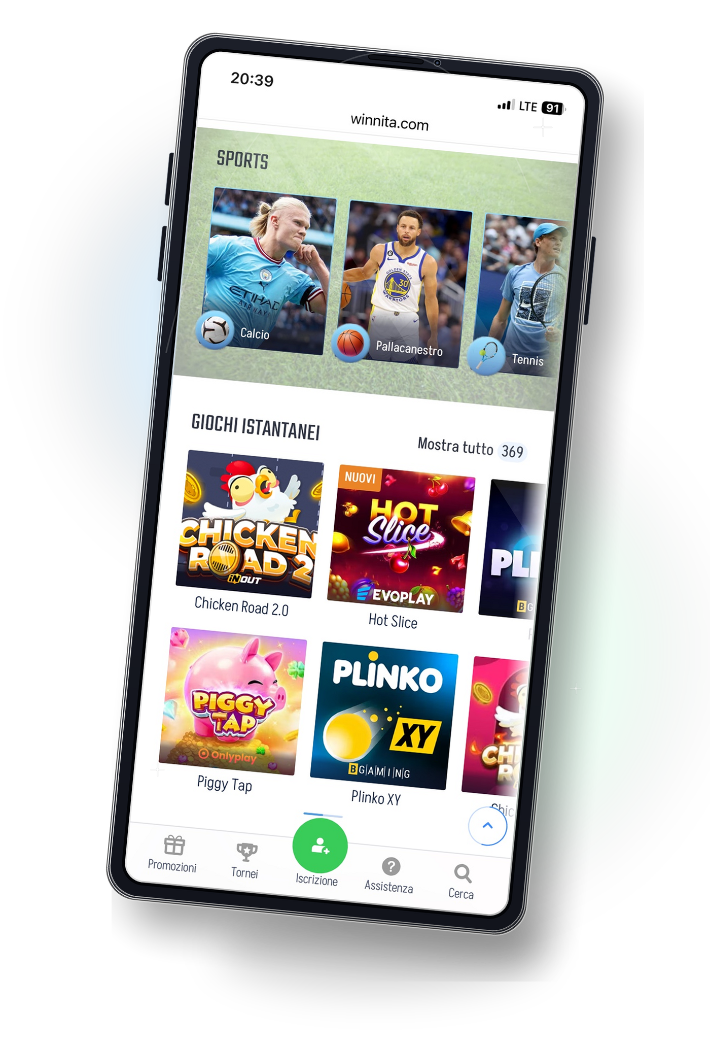 Versione mobile reale di Winnita aperta su smartphone