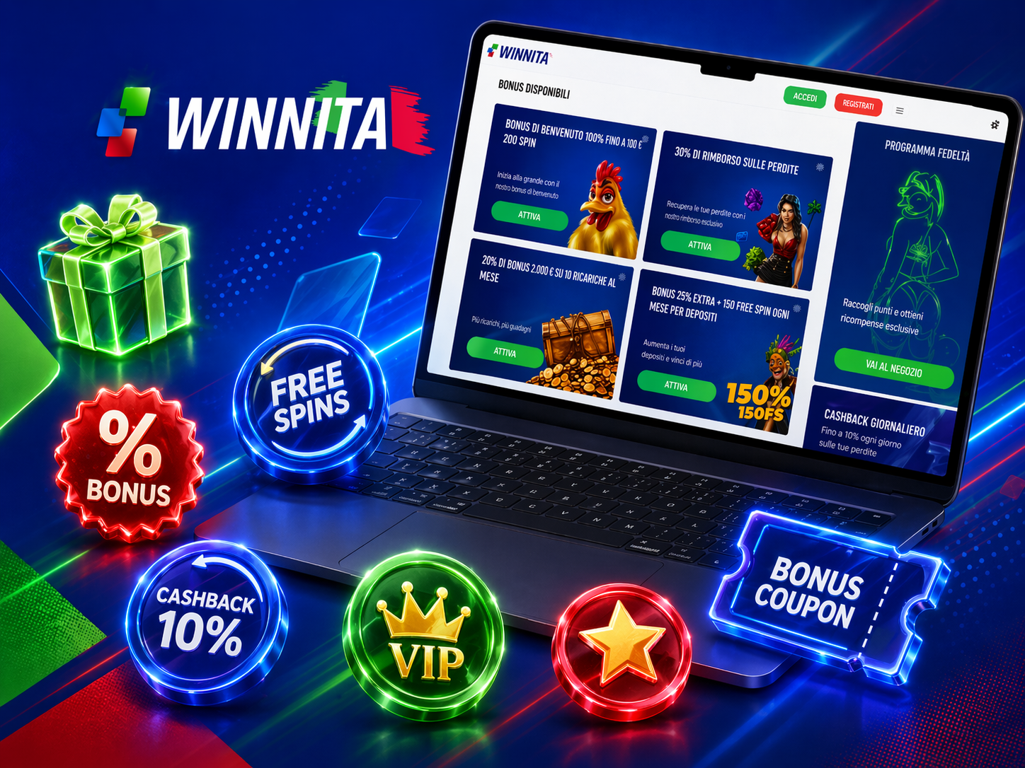 Banner Winnita con smartphone, shark e phoenix in stile promozionale