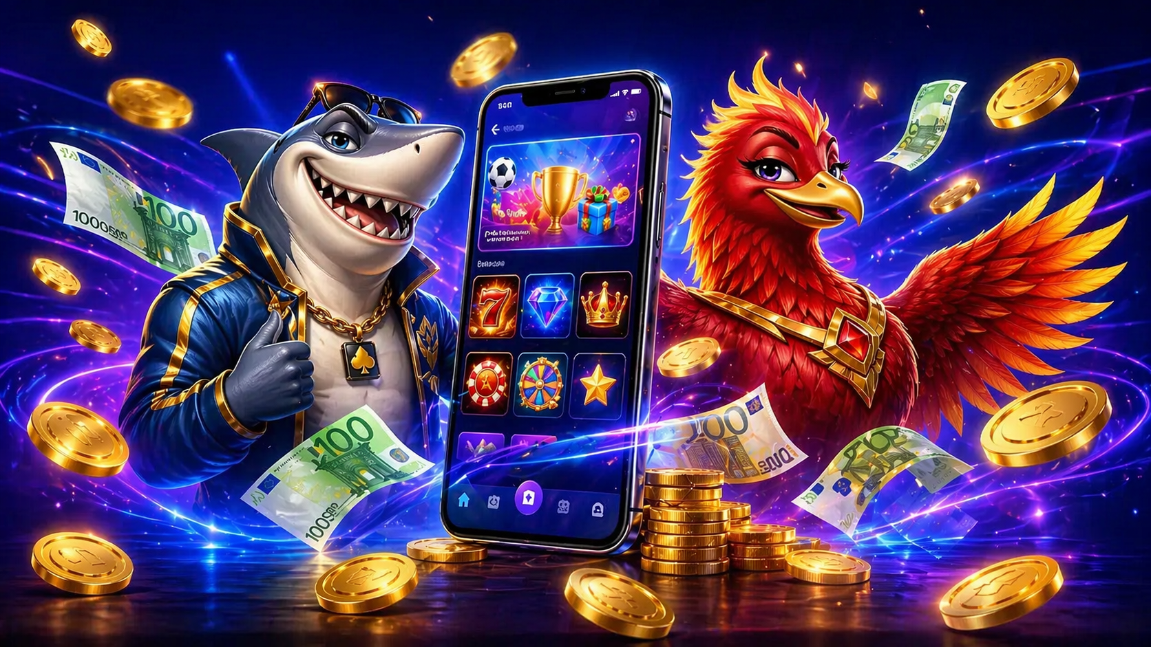 Banner Winnita con smartphone, shark e phoenix in stile promozionale