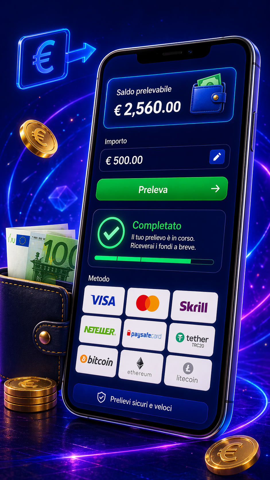 Flusso mobile di prelievo Winnita con dettagli operativi del saldo